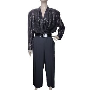 Vintage 80s Black High Shoulder Draped Deep V-Neck Sparkly Sequined Jumpsuit